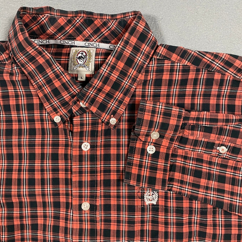 Cinch Button Down Shirt Mens Large Orange Black Plaid Long‎ Sleeve MTW1103958